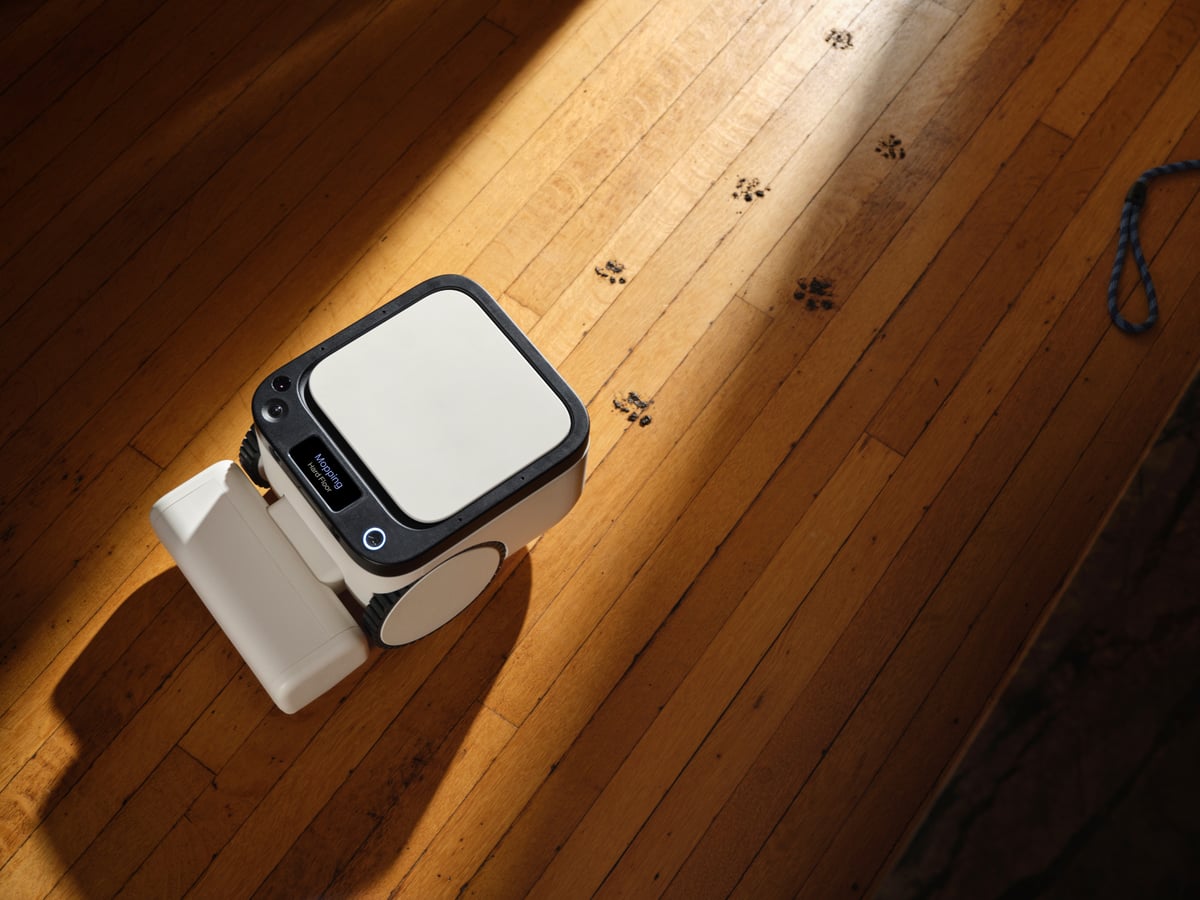 The Matic robot vacuum mopping a hardwood floor, with muddy paw prints ahead of it