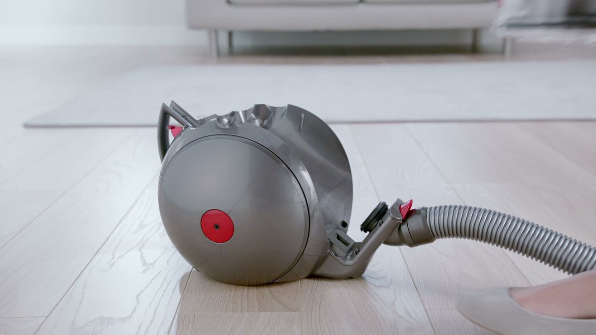 Dyson Big Ball Multi Floor Canister vacuum on hardwood floor in living room with foot nearby